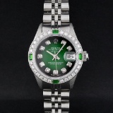 Rolex Ladies Stainless Steel 26MM Green Vignette Diamond Oyster Perpetual Dateju