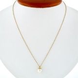 14k Yellow Gold 7.75mm Round Pearl Solitaire Pendant Necklace w/ 16