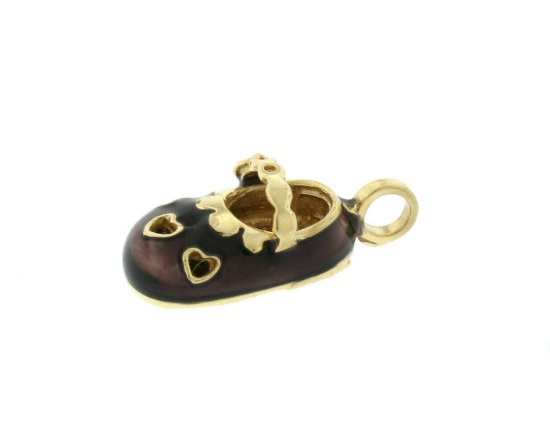 Vintage Petite 14k Yellow Gold Dark Purple Enamel Lucky Baby Shoe Charm Pendant