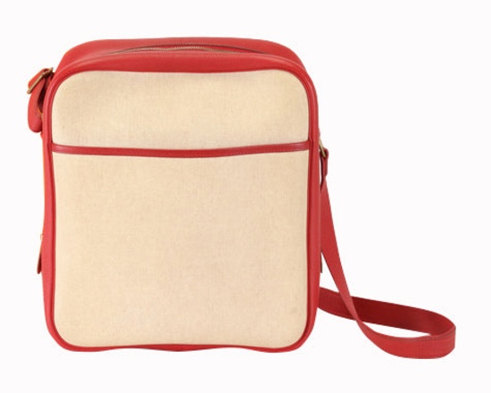 Hermes Rouge Garance Red Leather & Beige Toile Canvas Victoria Messenger Bag