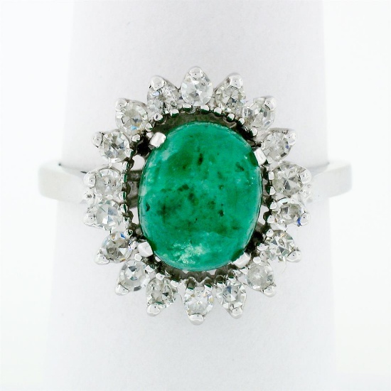 Vintage 14k White Gold 2.89 ctw Oval Cabochon Emerald Diamond Halo Flower Ring