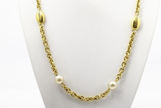 Chanel Gold-tone Metal Faux Pearl Engraving Charm Long Necklace