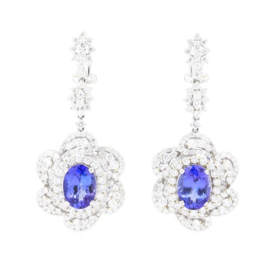 11.90 ctw Tanzanite And Diamond Earrings - 18KT White Gold