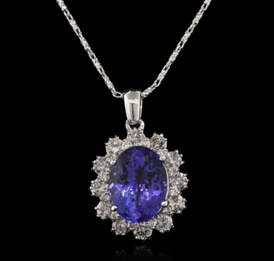 4.80 ctw Tanzanite and Diamond Pendant With Chain - 14KT White Gold