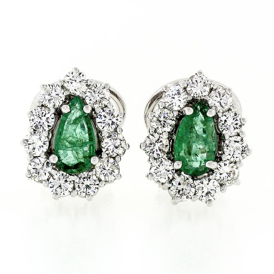 Vintage 18k White Gold 2.7 ctw Teardrop Pear Emerald & Round Diamond Halo Earrin