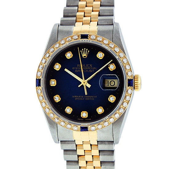 Rolex Mens 2 Tone Blue Vignette Diamond & Sapphire Datejust Wristwatch