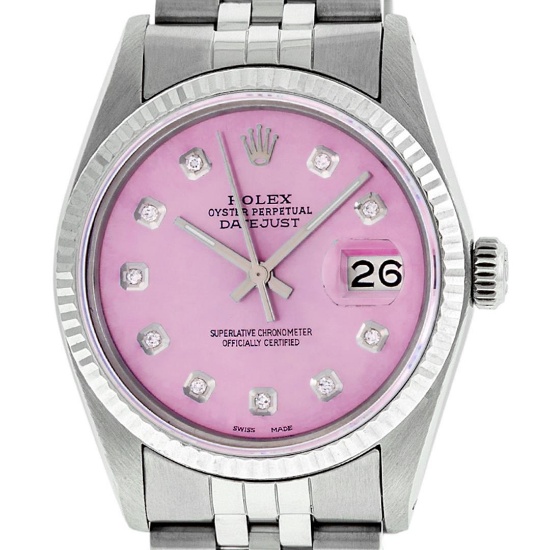 Rolex Mens Stainless Steel Pink Diamond 36MM Oyster Perpetual Datejust Wristwatc