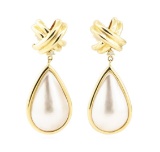 0.08 ctw Diamond and Mother of Pearl Dangle Earrings - 14KT Yellow Gold