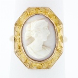 Antique 10k Gold Carved White Stone Cameo Ring Hand Engraved Octagon Frame Halo