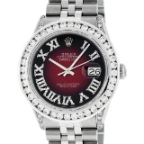 Rolex Mens Stainless Steel Red Vignette Roman Diamond Datejust Wristwatch
