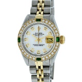 Rolex Ladies 2T White Diamond & Emerald Datejust Wristwatch