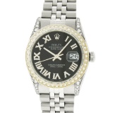 Rolex Mens Stainless Steel Black Roman Diamond Lugs Datejust Wristwatch 36MM