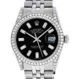 Rolex Mens Stainless Black Baguette Diamond Lugs Oyster Perpetual Datejust Wrist