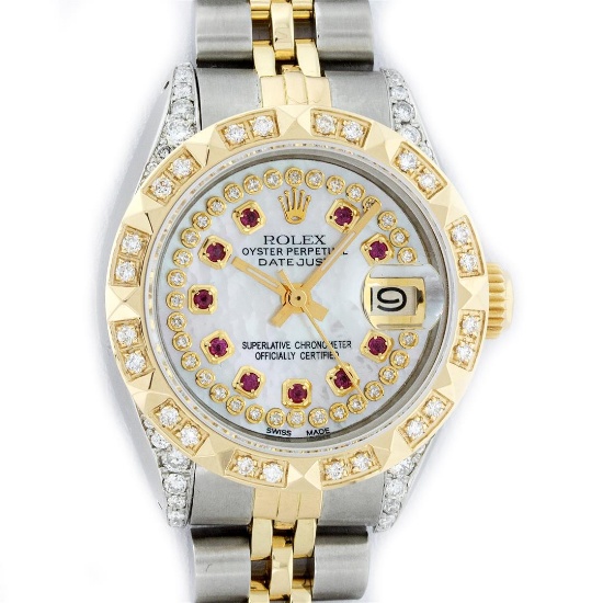 Rolex Ladies 2 Tone MOP Ruby & Pyramid Diamond Lugs Oyster Perpetual Datejust Wr