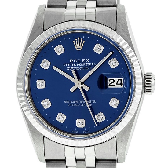 Rolex Mens Stainless Steel 36MM Blue Diamond Datejust Oyster Perpetual Wristwatc
