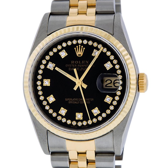 Rolex Mens 2 Tone Black VS Diamond 36MM Oyster Perpetual Datejust Wristwatch