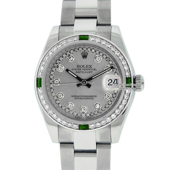 Rolex Womens Midsize 31mm Slate Grey String Diamond & Emerald Datejust Wristwatc