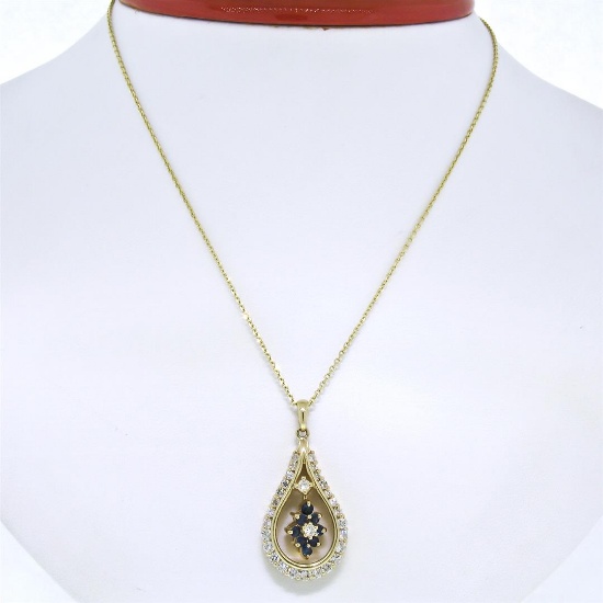 14k Yellow Gold 1.22 ctw Diamond and Sapphire Tear Drop Dangle Pendant Necklace