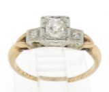 Antique Victorian 14k Two Tone Gold Cushion Old Mine Cut Diamonds 3 Stone Ring