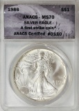 1986 American Silver Eagle .999 Fine Silver Dollar Coin ANACS MS70 First Strike