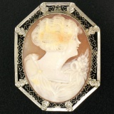 Vintage 14K White Gold Bezel Octagon Open Etched Frame Cameo Pin Brooch Pendant