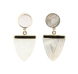 Hand-Engraved Mother of Pearl Dangle Earrings - 14KT Yellow Gold
