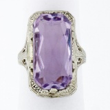 Antique Art Deco 14k White Gold Faceted Purple Stone Etched Filigree Dinner Ring