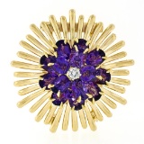 Vintage Retro 14K Yellow Gold Amethyst Cluster Diamond Daisy Flower Burst Brooch