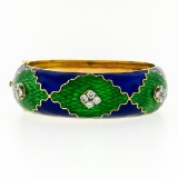 Vintage 18k Gold 2.64 ctw Diamond Green & Blue Enamel Wide Open Bangle Bracelet