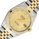 Rolex Mens 2T Champagne Diamond & Emerald Datejust 36MM