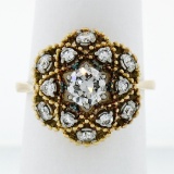 Antique 18K Gold 1.03 ctw European Transitional Diamond Cluster Beaded Dome Ring