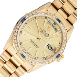 Rolex Mens 18K Yellow Gold Day Date President Champagne Index & Diamond Sapphire