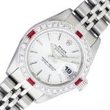 Rolex Ladies Quickset Silver Index Diamond & Ruby Datejust Wristwatch