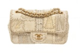 Chanel Beige White Canvas Tweed Medium Patchwork Jumbo Flap Shoulder Bag