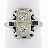 Antique Art Deco 18K White Gold .46 ctw Diamond Sapphire Open Etched Dinner Ring