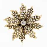 Antique Victorian 14k Gold Diamond & Seed Pearl Leaf Flower Brooch Pin Pendant