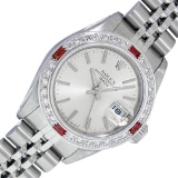 Rolex Stainless Steel Quickset Silver Index Diamond And Ruby Date Watch 26MM