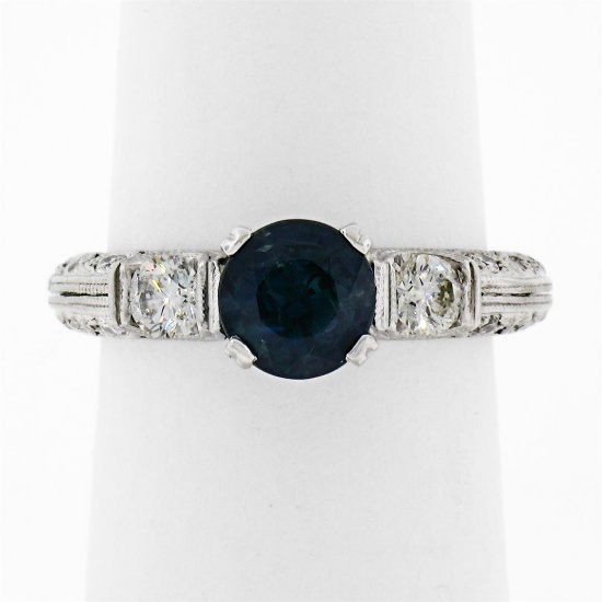 14K White Gold 1.60 ctw Round Sapphire Solitaire Diamond Milgrain Engagement Rin