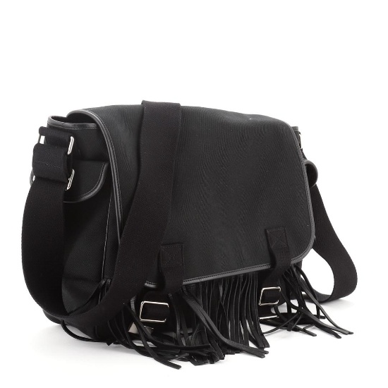 Saint Laurent YSL Fringe Flap Messenger Bag Canvas with Leather Medium Black