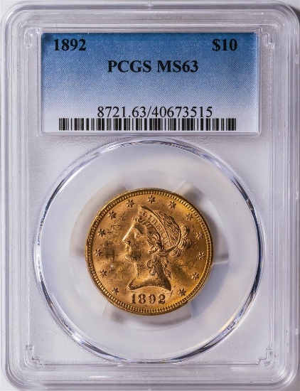 1892 $10 Liberty Head Eagle Gold Coin PCGS MS63