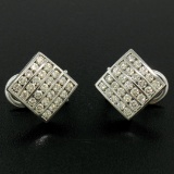 14K White Gold 1.50 ctw 50 Round Diamond Square Multi Channel Omega Back Earring
