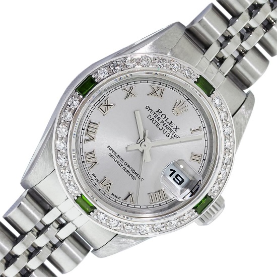 Rolex Quickset Gray Roman Diamond & Emerald Datejust Wristwatch 26MM