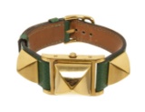 Hermes Green gold-Plated and Leather Medor Quartz 23m Watch