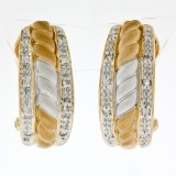 14K TT Gold Dual Row Pave Diamond & Ribbed Matte Finished Center Huggie Earrings
