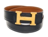 Hermes Black Brown Togo Leather H Reversible 70 Belt