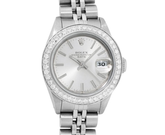 Rolex Ladies Stainless Steel Silver Index Diamond Bezel 26MM Wristwatch
