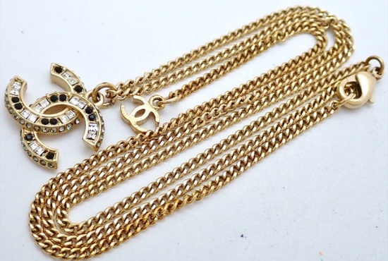 Chanel Gold-tone Chain CC Rhinestone Pendant Necklace