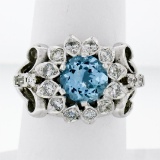 Fancy Vintage 14K White Gold 2.85 ctw Round Aquamarine Diamond Dome Cocktail Rin