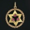 Vintage Israeli 14K Gold Open Star of David Red Stone Rope Circle Frame Pendant