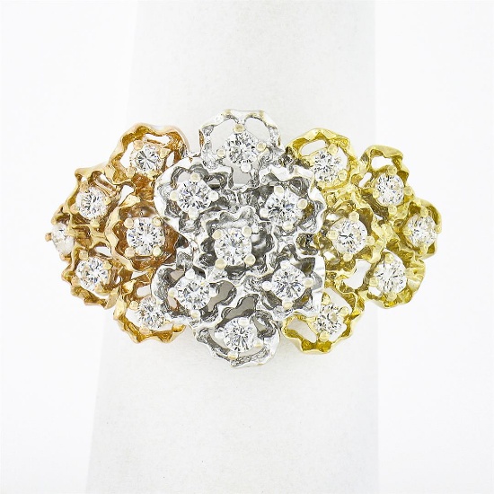 18K Tri Color Gold 0.75 ctw Round Diamond Flexible Moving Top Floral Textured Ri
